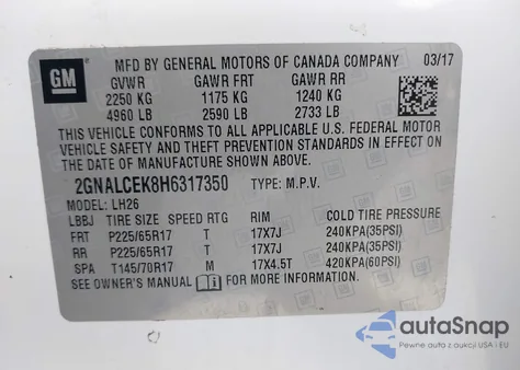 2017 Chevrolet Equinox Lt z USA, uszkodzony, nr VIN 2GNALCEK8H6317350